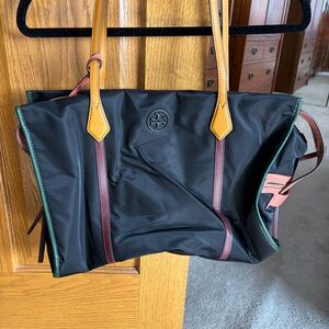 Tory Burch Black Tote with Tan and Green Accents